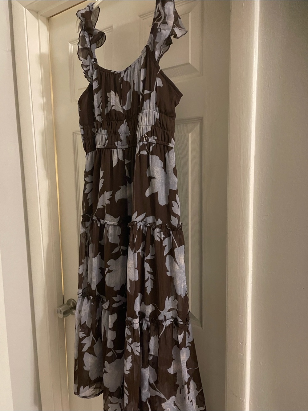 Blush Brown and Cream Floral Ruffle Strap Maxi Dress